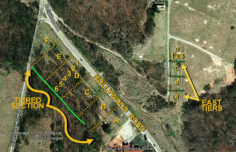 Aerial view of all four sections of Hollywood Cemetery showing grid lines and divisions.